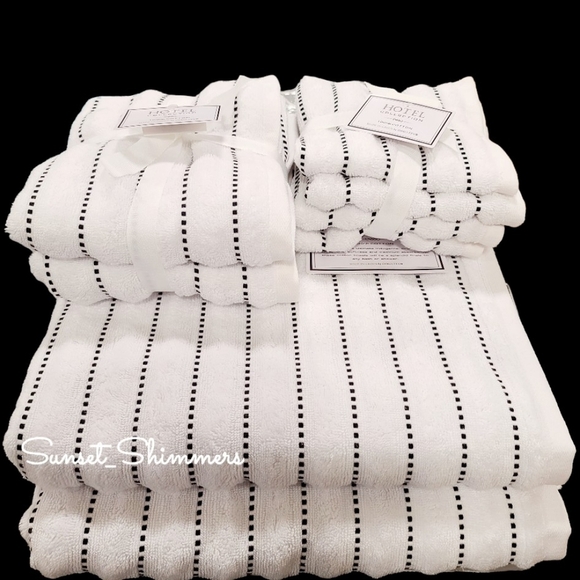 8pc Hotel Collection Bath Hand Washcloth White Black Dot Pinstripe TOWEL Set New - Picture 1 of 10